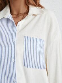 SHEIN Frenchy 條紋印花落肩袖襯衫 - 藍白色 - 查看 2