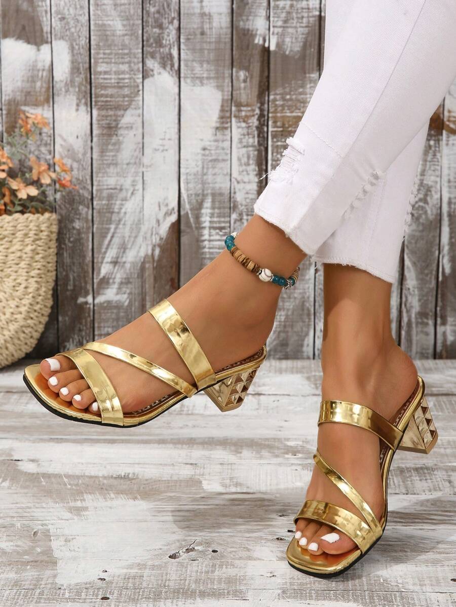 Dép Mule Gót Kim Loại Chunky Nữ, Sandals Vàng Quyến Rũ - Vàng - Xem 1