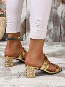 Dép Mule Gót Kim Loại Chunky Nữ, Sandals Vàng Quyến Rũ - Vàng - Xem 2