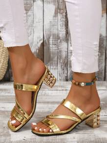 Dép Mule Gót Kim Loại Chunky Nữ, Sandals Vàng Quyến Rũ - Vàng - Xem 4