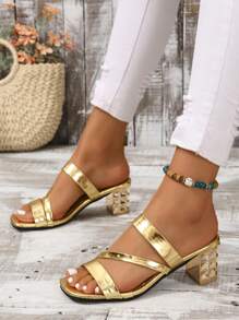 Dép Mule Gót Kim Loại Chunky Nữ, Sandals Vàng Quyến Rũ - Vàng - Xem 5