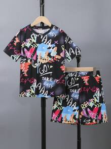 SHEIN 男孩字母圖案T恤和短褲 - 黑色 - 查看 1
