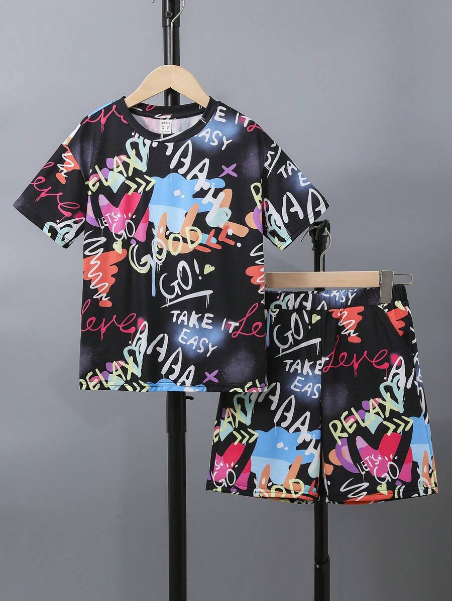 SHEIN 男孩字母圖案T恤和短褲 - 黑色 - 查看 1