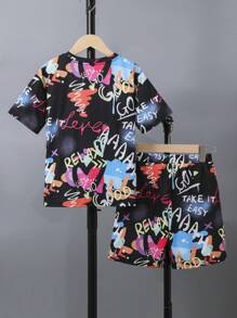SHEIN 男孩字母圖案T恤和短褲 - 黑色 - 查看 2