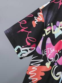 SHEIN 男孩字母圖案T恤和短褲 - 黑色 - 查看 3