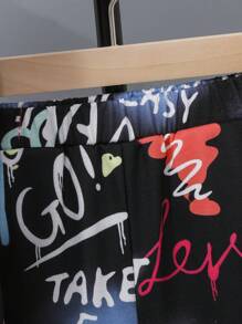 SHEIN 男孩字母圖案T恤和短褲 - 黑色 - 查看 4