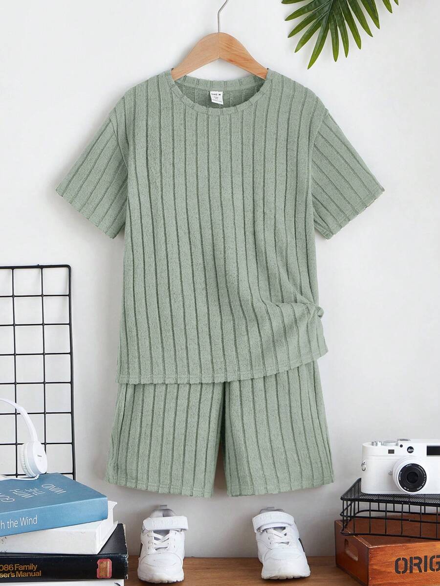 SHEIN 男孩素色條紋針織T恤和短褲 - 薄荷綠 - 查看 1