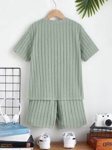 SHEIN 男孩素色條紋針織T恤和短褲 - 薄荷綠 - 查看 2