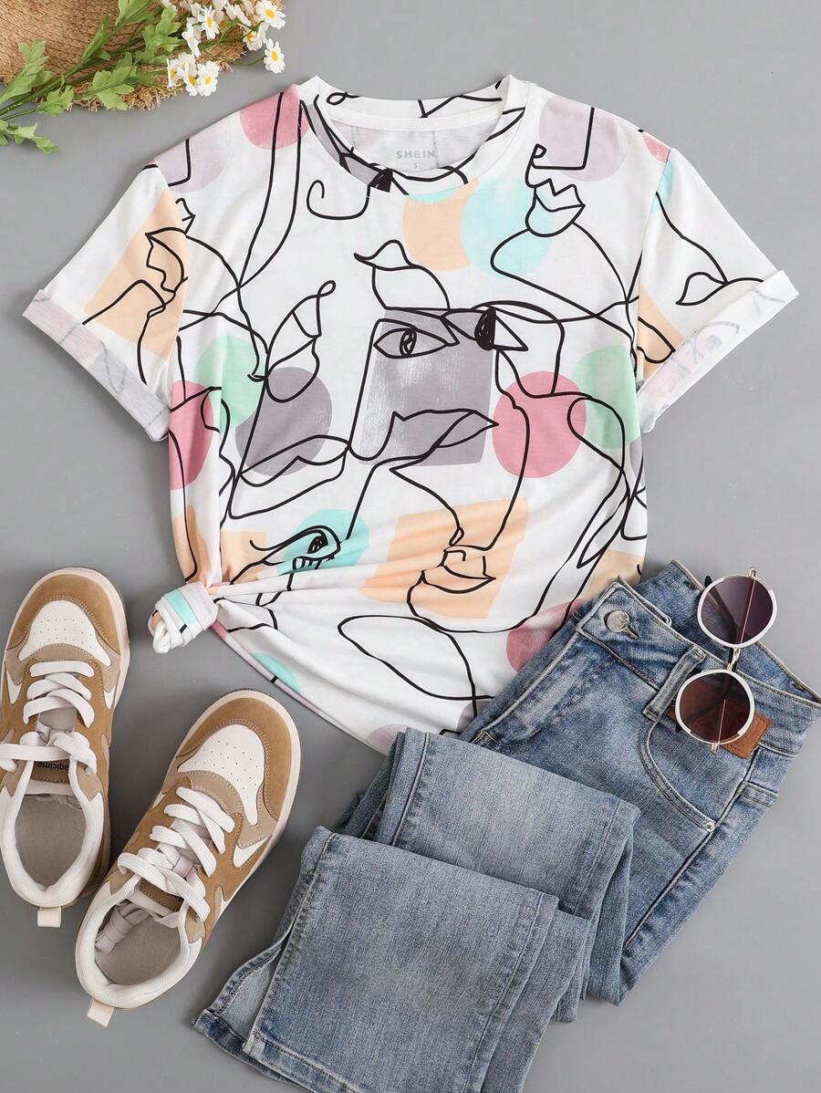 SHEIN EZwear 抽象人物圖案T恤 - 彩色 - 查看 1