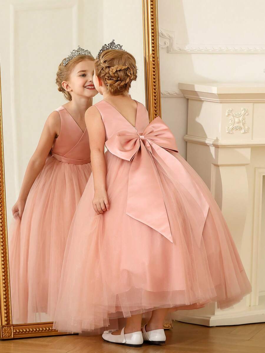 Young Girls' Sleeveless Mesh Panel Simple Bowknot Festival Dress, Long - Pink - View 1