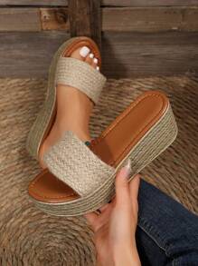 Phụ nữ Thiết kế bện Dép Espadrille Wedge Slide, Dép vải lanh cho kỳ nghỉ - Màu be - Xem 3
