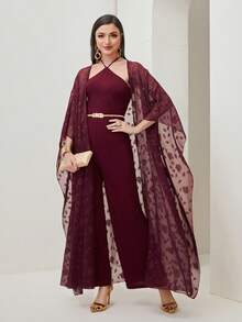 Modelyn Floral Pattern Open Front Coat & Halter Jumpsuit Without Belt - Maroon - View 4
