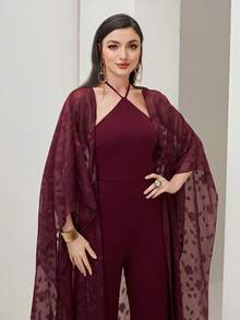 Modelyn Floral Pattern Open Front Coat & Halter Jumpsuit Without Belt - Maroon - View 5