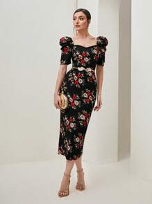 Modelyn Floral Print Sweetheart Neck Puff Sleeve Split Back Dress Without Belt - Black - View 1