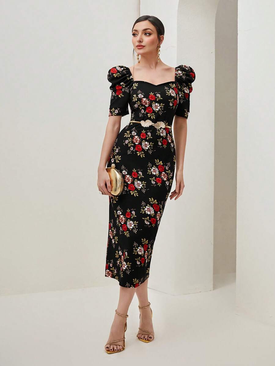 Modelyn Floral Print Sweetheart Neck Puff Sleeve Split Back Dress Without Belt - Black - View 1