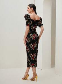 Modelyn Floral Print Sweetheart Neck Puff Sleeve Split Back Dress Without Belt - Black - View 2