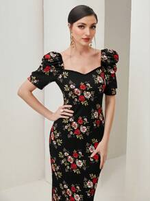 Modelyn Floral Print Sweetheart Neck Puff Sleeve Split Back Dress Without Belt - Black - View 4