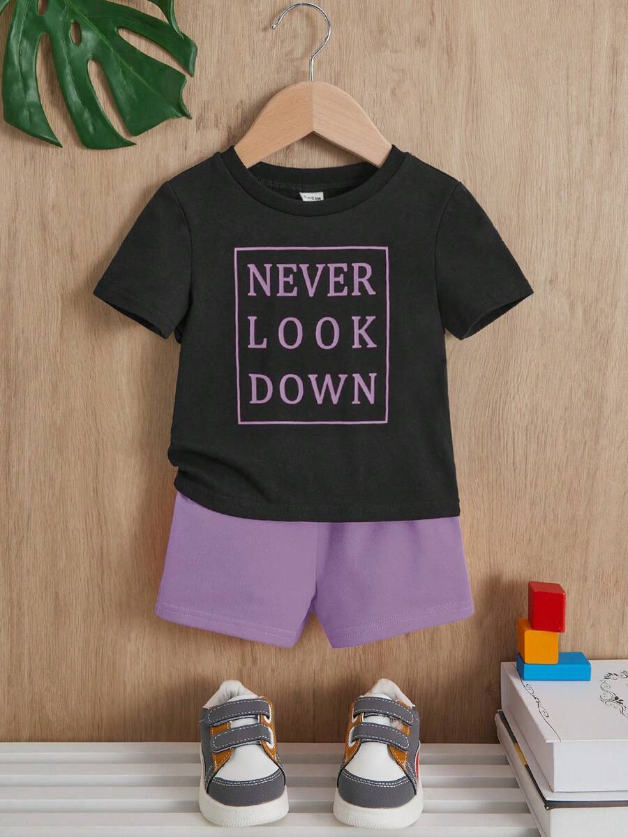 SHEIN Đứa bé trai Đồ họa Khẩu hiệu Áo thun & quần đùi - Màu Lilac Tím - Xem 1