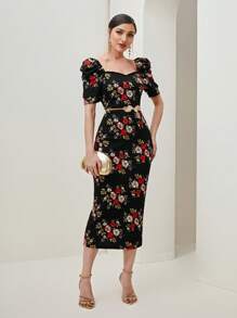 Modelyn Floral Print Sweetheart Neck Puff Sleeve Split Back Dress Without Belt - Black - View 5
