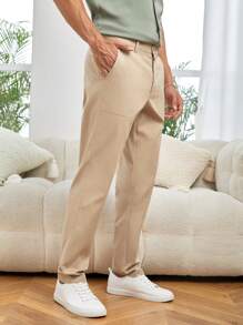 Manfinity NiteLyfe Hombres Pantalones rectos unicolor con bolsillo oblicuo - Albaricoque - Ver 4