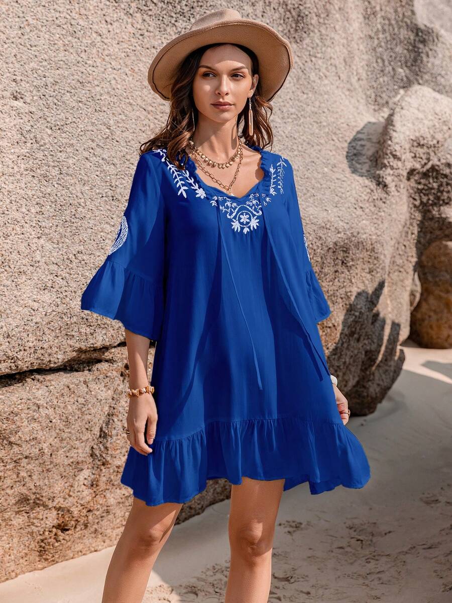 Rusttydustty Women's White Flower Embroidered V-Neck Tied Short Dress With Five Sleeves Boho Easter Beach Outfits Hawaii Music Festival Tropical Vacation - Blue - View 1