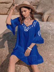 Rusttydustty Women's White Flower Embroidered V-Neck Tied Short Dress With Five Sleeves Boho Easter Beach Outfits Hawaii Music Festival Tropical Vacation - Blue - View 6
