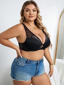 Plus Floral Lace Underwire Bra - Black - View 5