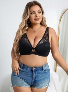 Plus Floral Lace Underwire Bra - Black - View 6