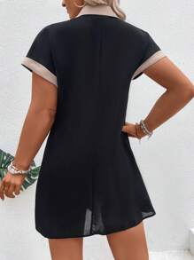 SHEIN Clasi Đầm Plus Size Tương phản ràng buộc Khối Màu Giải trí - màu đen - Xem 2