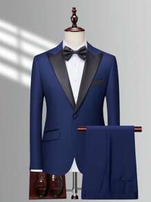 Manfinity Mode 男士1入組撞色西裝領西裝外套和1入組西裝褲 - 藍色 - 查看 1