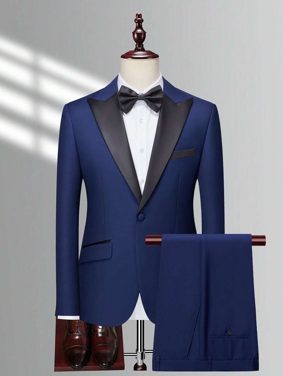 Manfinity Mode 男士1入組撞色西裝領西裝外套和1入組西裝褲 - 藍色 - 查看 1