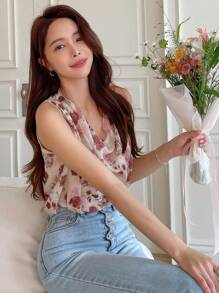 DAZY 花卉印花垂坠领无袖衬衫外出上衣 - 彩色 - 查看 6