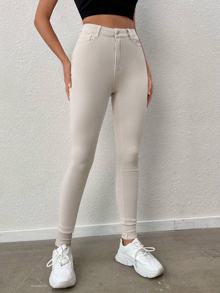 SHEIN Tall 素色斜口袋緊身牛仔褲 - 杏色 - 查看 1