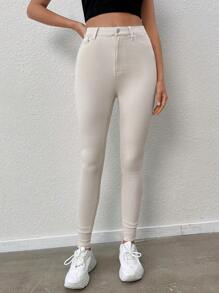 SHEIN Tall 素色斜口袋緊身牛仔褲 - 杏色 - 查看 3