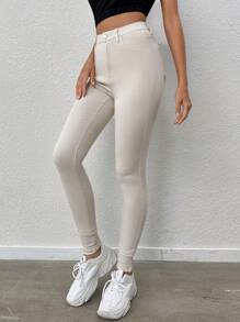 SHEIN Tall 素色斜口袋緊身牛仔褲 - 杏色 - 查看 5
