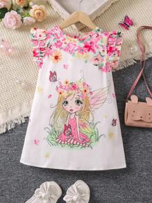 女小童花卉圖案和人像圖案荷葉邊洋裝