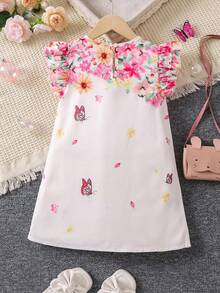 女小童花卉圖案和人像圖案荷葉邊洋裝