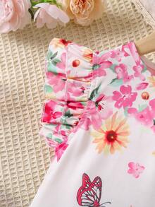 女小童花卉圖案和人像圖案荷葉邊洋裝