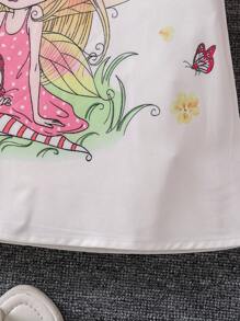 女小童花卉圖案和人像圖案荷葉邊洋裝