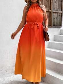 SHEIN VCAY 大碼漸層腰帶掛脖連衣裙 - 橘色 - 查看 2