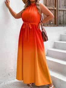 SHEIN VCAY 大碼漸層腰帶掛脖連衣裙 - 橘色 - 查看 5