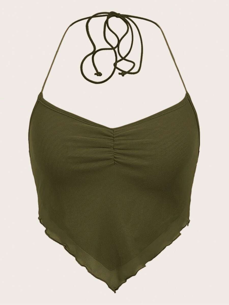 SHEIN ICON Top halter fruncido de espalda abierta con cordón bajo hanky de malla - Verde militar - Ver 1