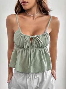 SHEIN EZwear Top de tirantes con cordón delantero bajo con fruncido - Verde - Ver 3