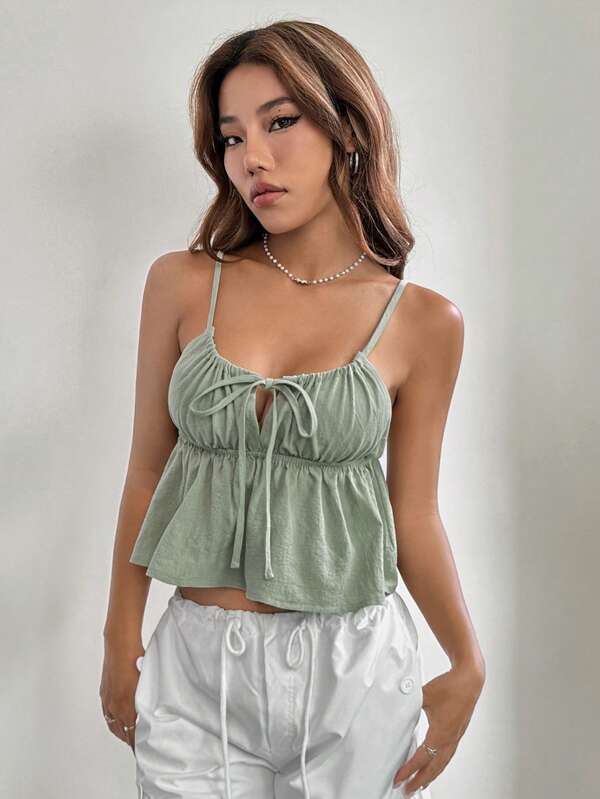 SHEIN Qutie Tie Front Ruffle Hem Cami Top SHEIN USA