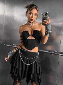 ROMWE PUNK Cut Out Halter Top & Layer Hem Skirt Without Belt - Black - View 1