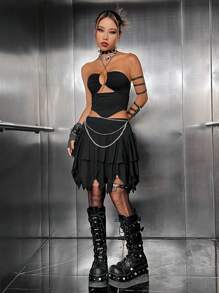 ROMWE PUNK Cut Out Halter Top & Layer Hem Skirt Without Belt - Black - View 6