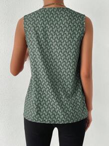 SHEIN Privé Allover Print Contrast Trim Sleeveless Blouse - Army Green - View 2
