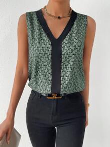 SHEIN Privé Allover Print Contrast Trim Sleeveless Blouse - Army Green - View 3