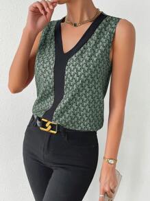 SHEIN Privé Allover Print Contrast Trim Sleeveless Blouse - Army Green - View 4
