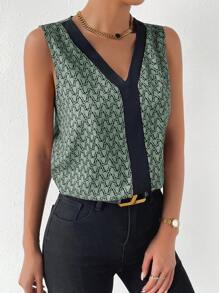 SHEIN Privé Allover Print Contrast Trim Sleeveless Blouse - Army Green - View 5